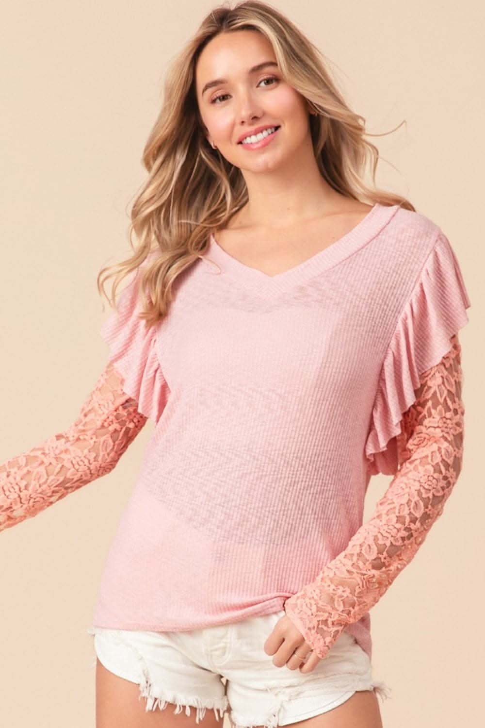 BiBi Ruffled Lace Sleeve Rib Knit Top - Love Salve
